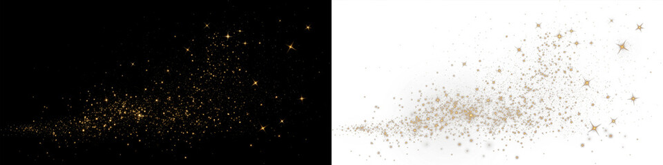 Golden glittering star overlay on contrasting black and white backgrounds, creating a magical atmosphere for festive designs, celebrations, and creative projects with copy space