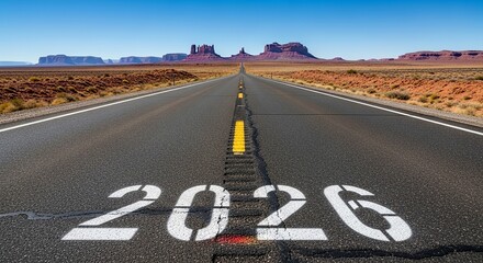 Road leading to 2026 in the desert landscape with mountains in the background on a sunny day