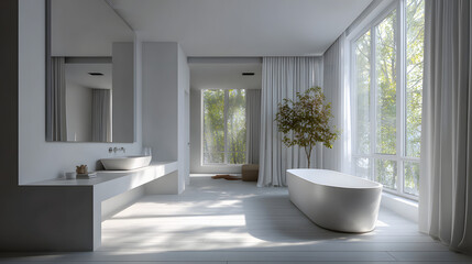 Minimalist interior bathed in white light symbolizing clarity and inner calm 