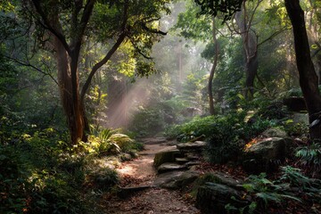Obraz premium A sun-dappled path meanders through a lush, dense forest, with vibrant green foliage and light beams