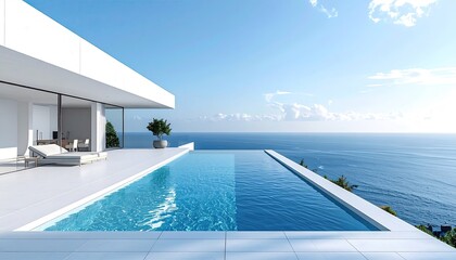 Obraz premium Luxurious Modern Villa With Infinity Pool Overlooking The Azure Ocean Under A Clear Blue Sky With Wispy Clouds On A Sunny Day