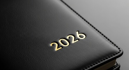 Close up of a 2026 year black leather diary cover with golden embossed numbers for planning and organization