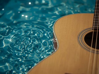Dreamy acoustic guitar serenading calm blue waters, evoking peaceful summer vibes and harmonious relaxation, perfect for lifestyle or music promotions