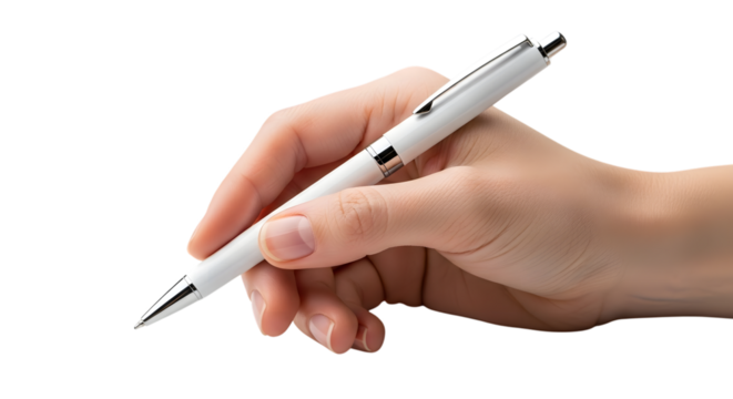 Hand Holding a White Pen Writing on a Transparent Background graphic design isolated on a transparent background