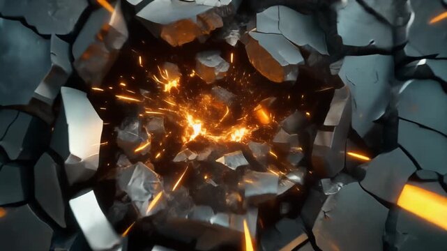 A metallic wall shattering to expose a glowing molten core, symbol of energy, power, and transformation.