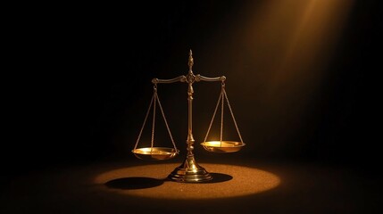 Golden scales of justice illuminated with soft light, representing law, balance, and fairness in a dramatic and compelling visual, ideal for legal themes