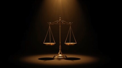 Elegant golden scales of justice symbolize fairness and truth in a dramatic, moody courtroom setting or legal presentation emphasizing balance and integrity