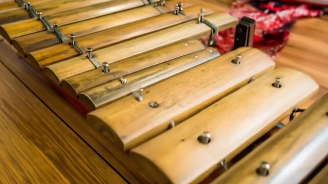 Wooden idiophone, with long horizontal sound bars, on a wooden surface, with fasteners