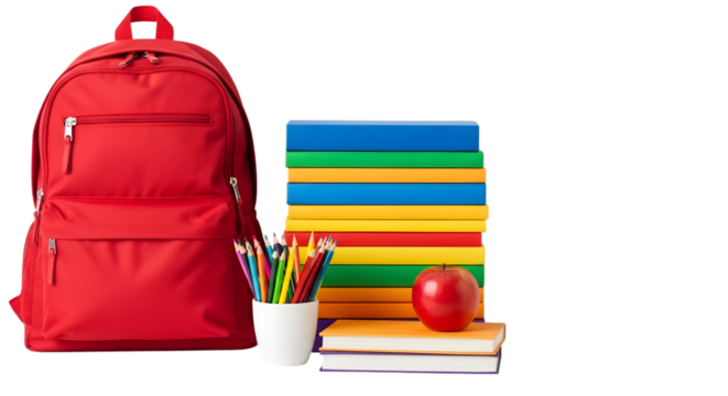 Red Backpack Stacked Books Colored Pencils and Apple for School Supplies graphic design isolated on a transparent background