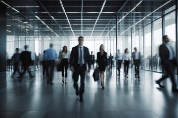 Crowd of business people walking in office fast moving with blurry business