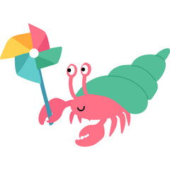 Cute Pink Hermit Crab Holding a Colorful Pinwheel Toy A Charming Cartoon Animal Illustration for Summer Travel Adventures with a Transparent Background