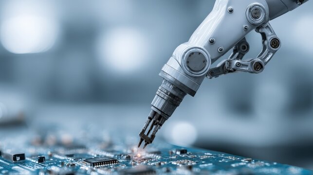 Automated industrial arm delicately manipulates electronic components on a circuit board