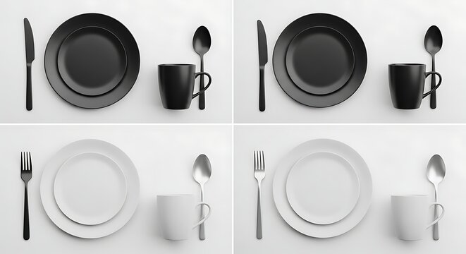 Minimalist table setting with plates cutlery and mug