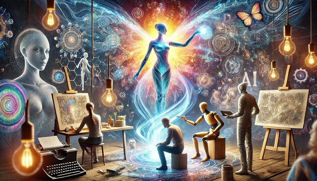 complex futuristic illustration representing AI innovation, featuring a holographic human figure surrounded by symbols of artificial intelligence, technology, and human-machine interaction. - Powered by Adobe