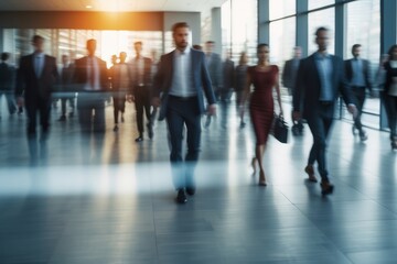 Crowd of business people walking in office fast moving with blurry business