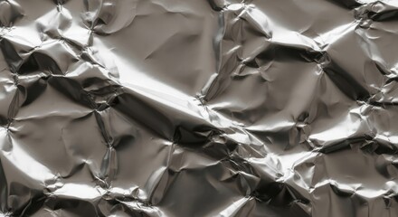 Closeup of crumpled aluminum foil, creating a textured and reflective surface, ideal for backgrounds or abstract designs
