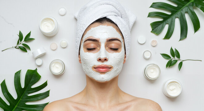 Young woman relaxing with facial mask surrounded by cosmetics  