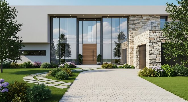 Modern house exterior with glass walls and stone accents