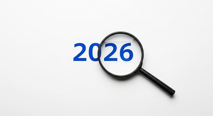 Magnifying glass focusing on the year 2026, symbolizing future planning and foresight isolated on white background