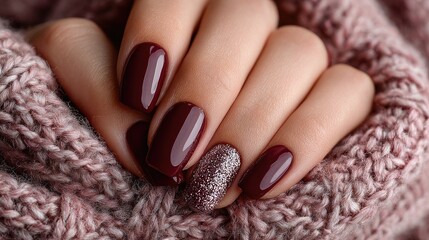  Nail polish, detailed close-up of both hands, gracefully placed on a smooth, elegant wooden table. Each fingernail is adorned with a rich color nail polish, designed with 