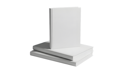 Stack of three blank white books on a black background hardcover isolated on a transparent background