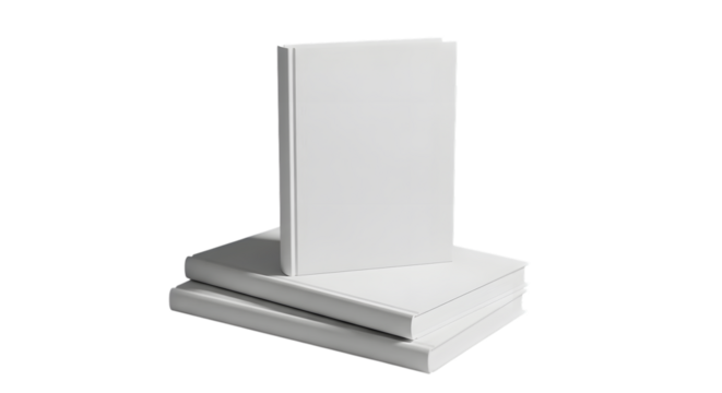 Stack of three blank white books on a black background hardcover isolated on a transparent background