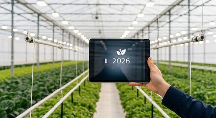 Hand holding a tablet displaying a plant icon and the year 2026 in a modern greenhouse setting