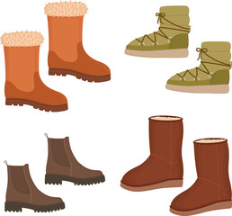 Set of four pairs of winter boots isolated on white. Different stylish winter footwear