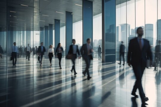 Fototapeta Crowd of business people walking in office fast moving with blurry business