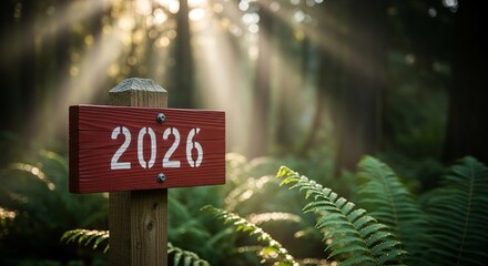 Wooden sign with the year 2026 in a forest with sun rays shining through the trees background