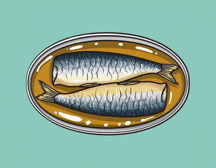 Illustration of Canned Sardines in Oil on Green Background