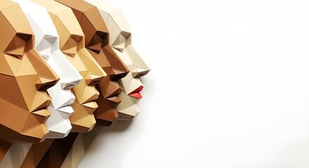Abstract representation of diverse skin tones using geometric papercraft profiles isolated on white.