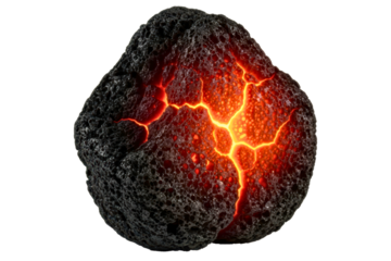 Volcanic rock with glowing orange cracks of molten lava isolated on transparent background