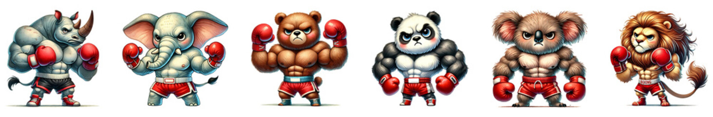 Set of strong boxing animal cartoon with muscular isolated on transparent background.