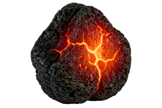 Volcanic rock with glowing orange cracks of molten lava isolated on transparent background