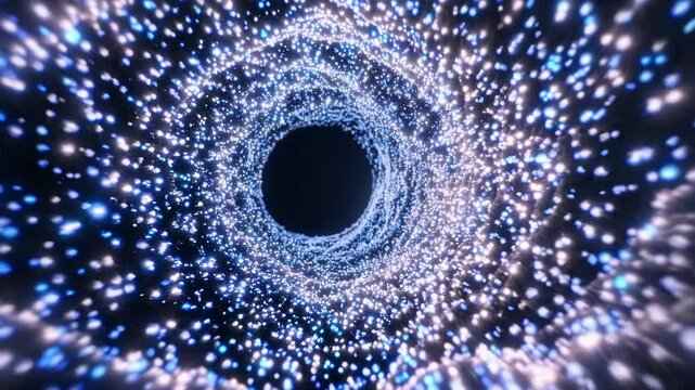 A mesmerizing spiral of shimmering blue and white particles forming a vortex pattern in space