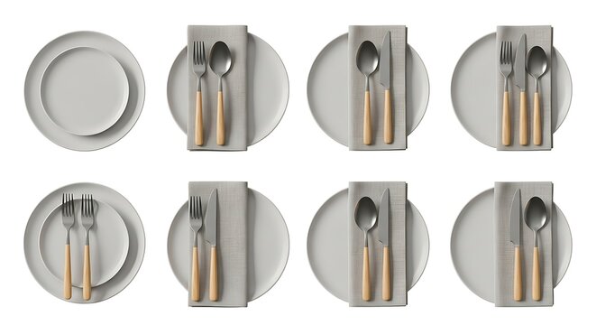 Plates with cutlery set on napkins overhead view