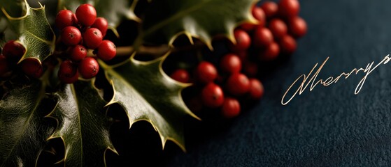 Festive Christmas holly branch with red berries and elegant Merry script on dark background Holiday season botanical concept