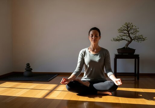 Woman Meditates in Sunlight Near Bonsai Tree, Practicing Mindfulness