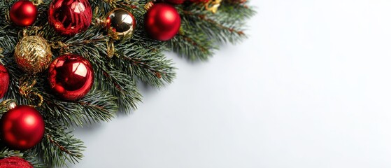 Festive Christmas background with red and gold ornaments on evergreen branches, creating a joyful holiday season decoration with copy space