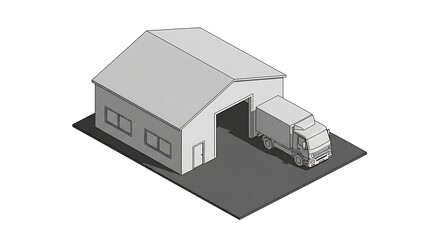 Isometric Illustration of Warehouse with Truck for Logistics.