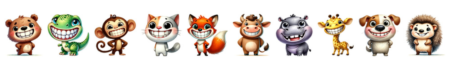 Set of smiling animal cartoon with big teeth cheerful isolated on transparent background.