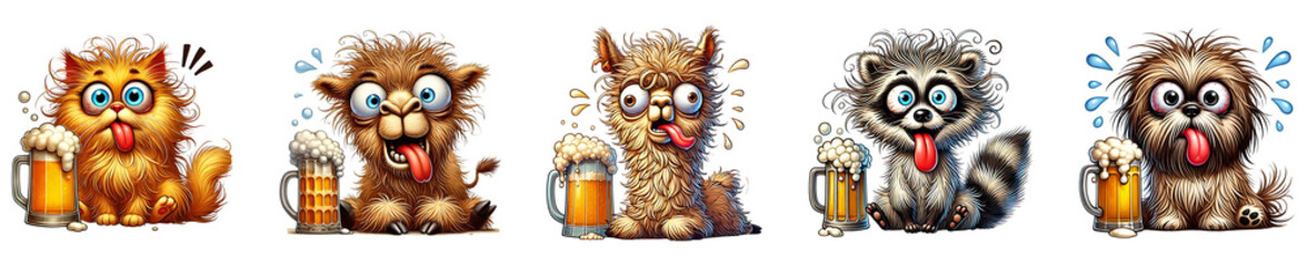 Funny cartoon animal with beer mug playful illustration for party isolated transparent background.