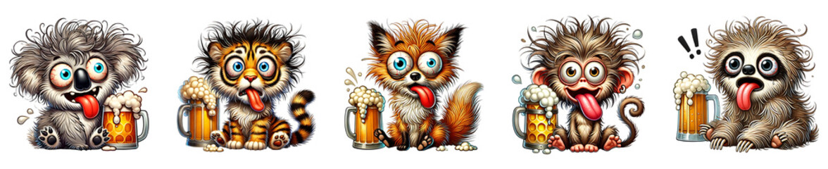 Funny cartoon animal with beer mug playful illustration for party isolated transparent background.