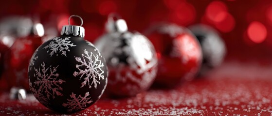 Elegant Christmas Ornaments with Snowflake Design on Red Background, Festive Holiday Season Decoration with Bokeh Lights, Celebration and Winter Concept