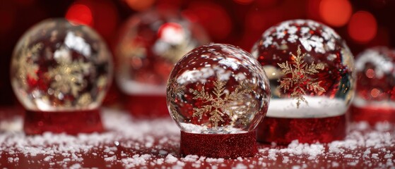 Festive Christmas snow globes with golden snowflake on red background, creating a magical holiday atmosphere and winter wonderland scene