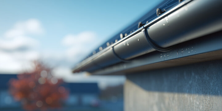 A close-up view of rain gutter with raindrops on rooftop under the bright daylight. Showcasing the architecture detail and structural element
