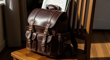Vintage brown leather backpack on a wooden chair in a sunlit room, perfect for travel, adventure, and everyday use
