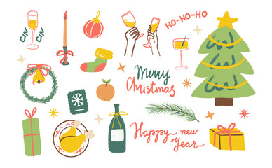 A set of hand-drawn holiday illustrations for Christmas and New Year.