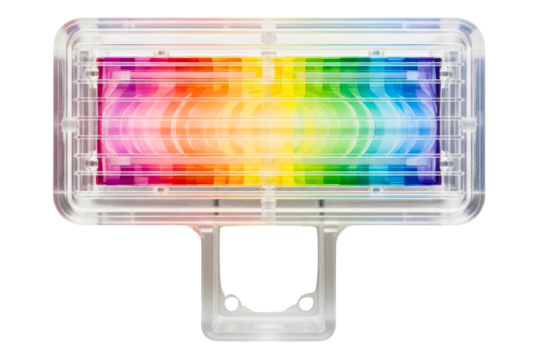 Modern portable LED light panel with a vibrant rainbow spectrum isolated on transparent background